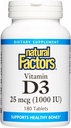 Factores naturales, Vitamina D3 1000 UI (25 mcg), soporta huesos fuertes, músculos y función inmunitaria, 180 tabletas