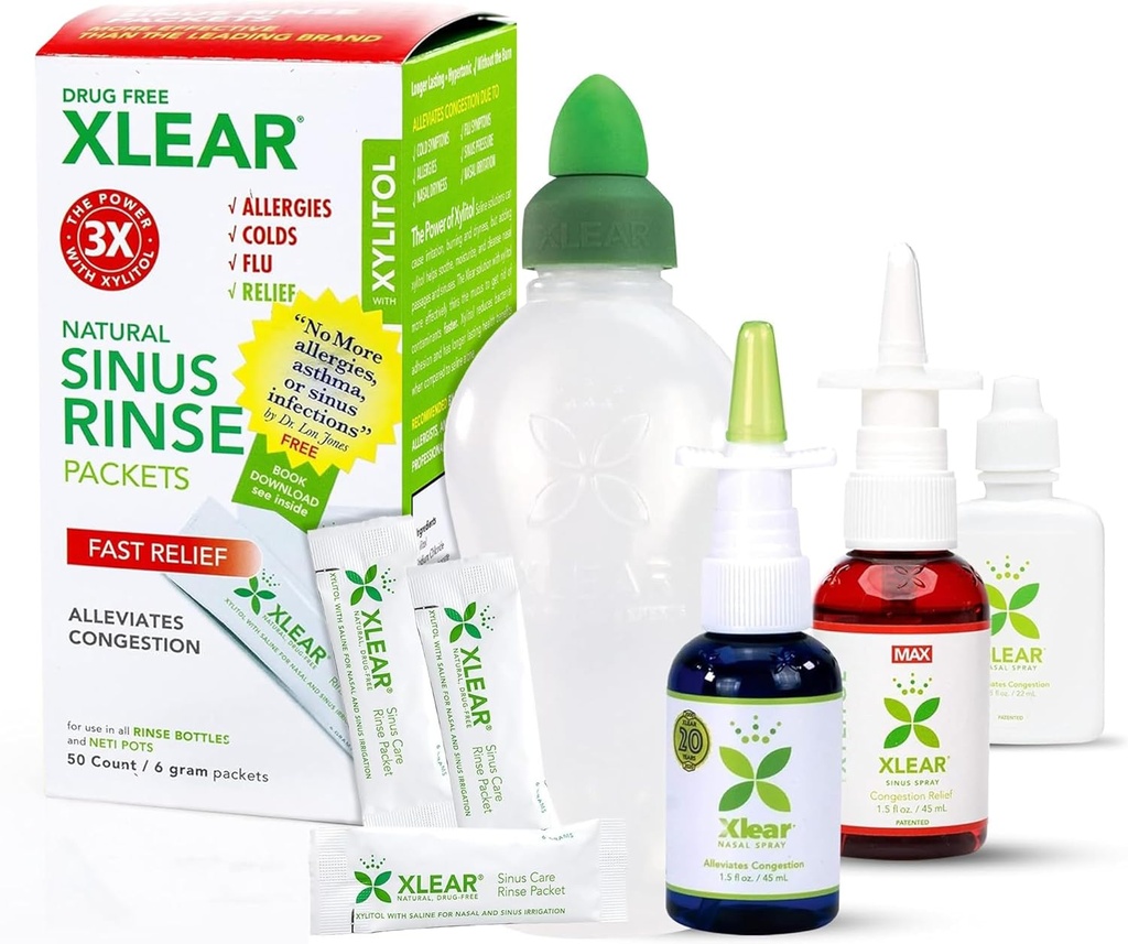Kit de Alivio de Alergia Xlear, Kit de Rescate de Alergia de Todos los Días Incluyendo Rocia Nasal Xlear con Xylitol, Xlear MAX Nasal Spray, Xlear Nasal Rinse Neti Pot y 50 Rellenar Packets