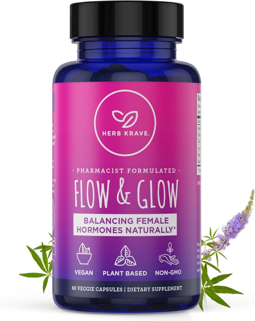 Balance de hormonas naturales de flujo y flujo para mujeres - PMS &amp; Menopause Relief for Cramps, Mood Swings & Night Sweats with Donq Quai & Black Cohosh for Menopause - 60 Vegan Capsules (1 Pack)