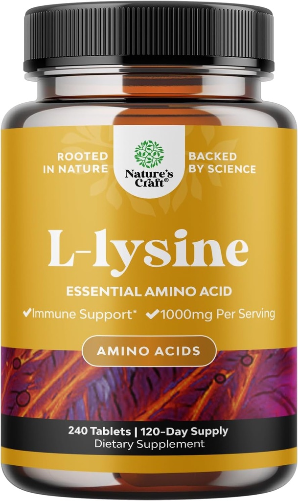 Natures Craft L Lysine 1000mg por Serving Suplementos Nutricionales - L-lysine Amino Amino Acidos Esenciales para la Salud del Ojo Cuidado de la Lip Bone Soporte Sistema Inmune Crecimiento muscular y Collagen Vegetariano 240 Tablets