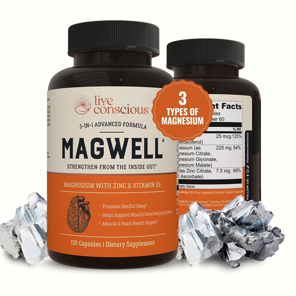 Conscious Magwell Magnesium Zinc &amp; Vitamina D3 - Magnesium Glycinate, Malate, " Citrate - Triple Suplemento para Hombres Mujer - para el sueño, el hueso, el corazón, Immune Support - 120 Caps