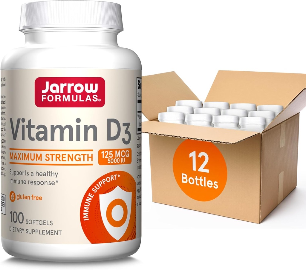 Jarrow Formulas Vitamina D3 125 mcg (5000 UI) - 100 Serviciones (Softgels) - Salud de los huesos, Apoyo inmunitario &amp; Metabolismo de calcio Apoyo - Suplemento de vitamina D - Vitaminas D3 - 5000 UI Vitamina D (Pack of 12)