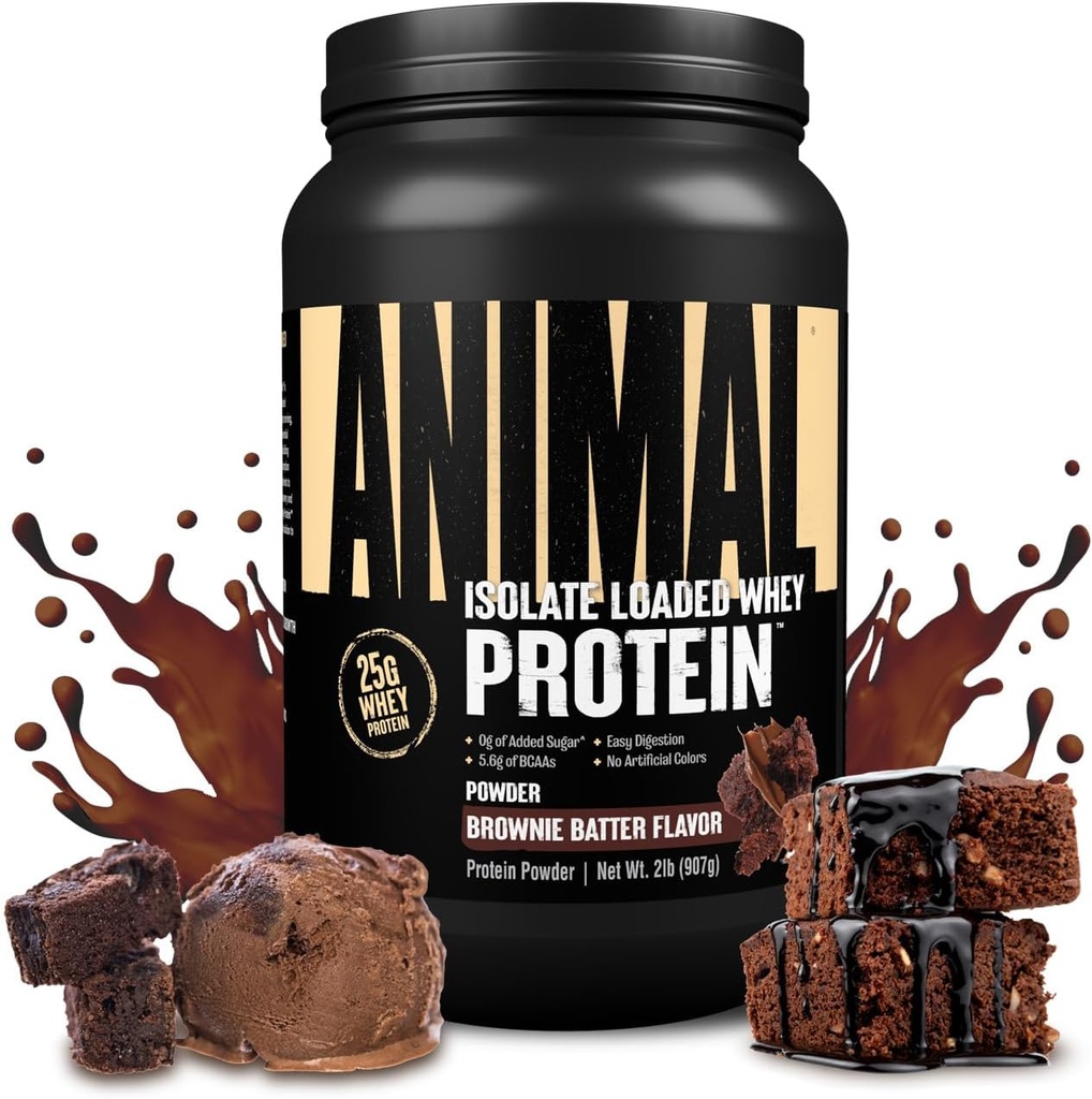Animal Whey Isolate Protein Powder - Cargado para Pre &amp; Post Workout Muscle Builder y recuperación con enzimas digestivas para hombres &amp; mujeres - 25g Proteína, gran sabor, bajo azúcar - Brownie Batter 2 libras