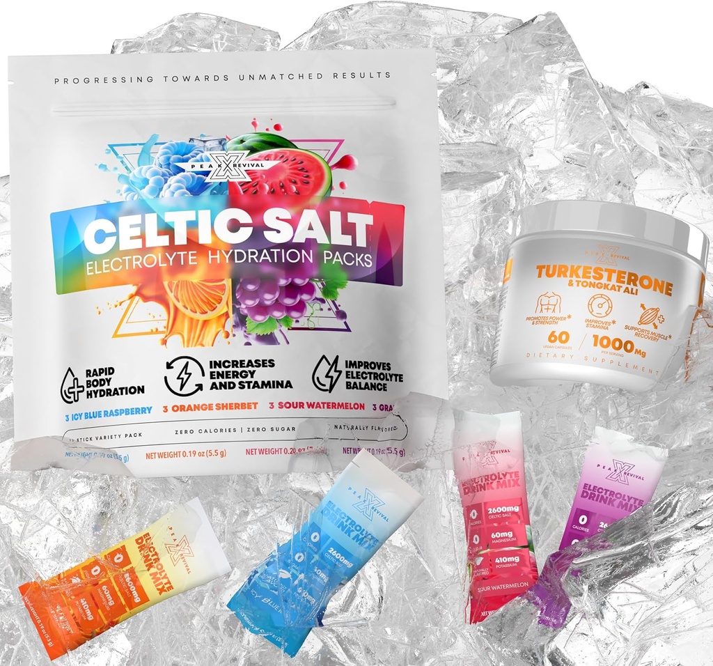 Turkesterone &amp; Tongkat Ali (1000mg) + Electrolytes Powder Packets (12 Electrolyte Packets) Made in The USA