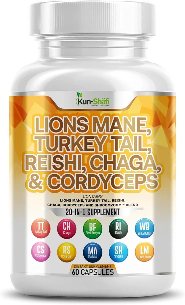 Lions Mane 3000mg 20in1 Mushroom Suplemento con Turquía Tail 2000mg Reishi 1000mg Cordyceps Chaga 1000mg Maitake Meshima Poria Cocos Shiitake Oyster Porcini Enoki 60 Conde