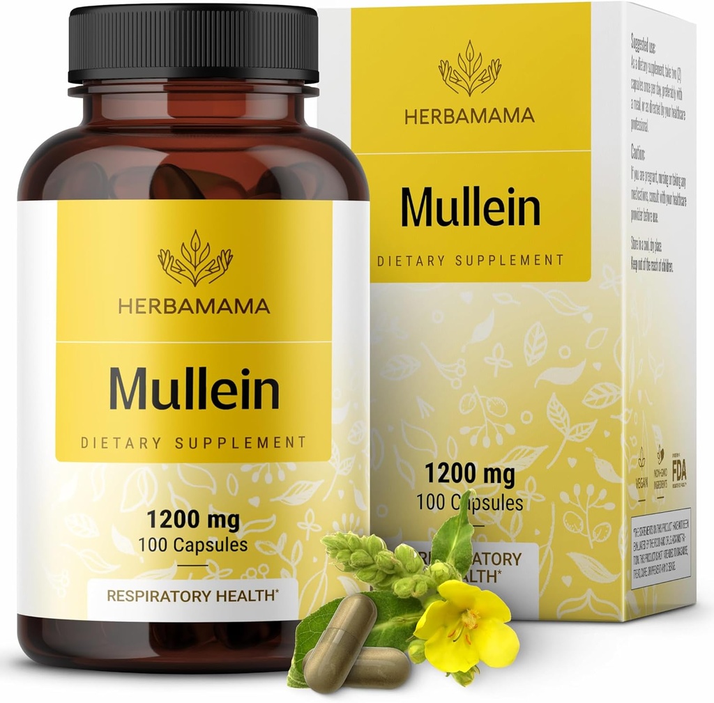 HERBAMAMA Mullein Leaf Capsules - 1200mg Mullein Leaf Extract for Lung Detox Support - Vegan, non-GMO Respiratory Lung Cleanse Suplemento