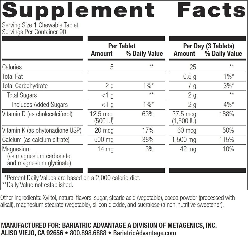 Bariatric Advantage Calcium Citrate Chewable 500 mg - para pacientes de cirugía bariatrica - Tablas de alta potencia, fácil de digerir - Citrate de calcio - Suplementos de tensión ósea* - 90 Conde - Chocolate