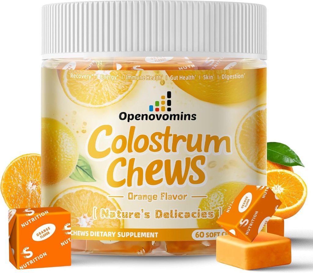 Bovine Colostrum Soft Chews Suplemento con probióticos para Gut Health, Bloating, Immune Support, Skin, Hair Growth and Beauty - Orange Flavor (60 Servings)