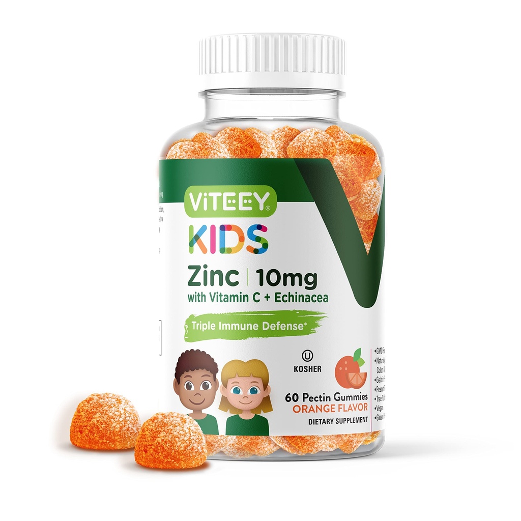 Viteey Zinc for Kids Gummies 10mg, with Vitamin C & Echinacea - Immune Support, Powerful Natural Antioxidant, Kids Zinc Vitamin Supplement - Vegan, Gelatin Free - Tasty Chewable Orange Flavor Gummy
