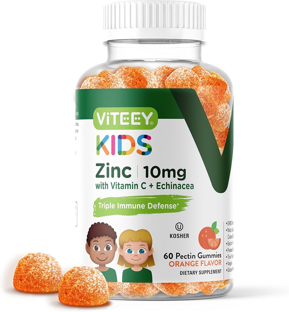 Viteey Zinc para niños Gummies 10mg, con vitamina C &amp; Echinacea - Soporte inmunitario, potente antioxidante natural, niños Zinc vitamina Suplemento - Vegan, Gelatin Gratis - Tasty Chewable Orange Flavor Gummy