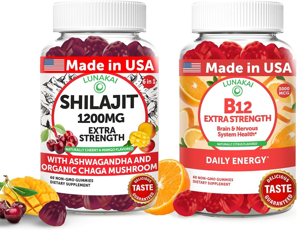 Lunakai USA Made Shilajit &amp; B12 Extra Strength Gummies Bundle – Energy, Focus, and Daily Wellness – Vegan &amp; Delicious