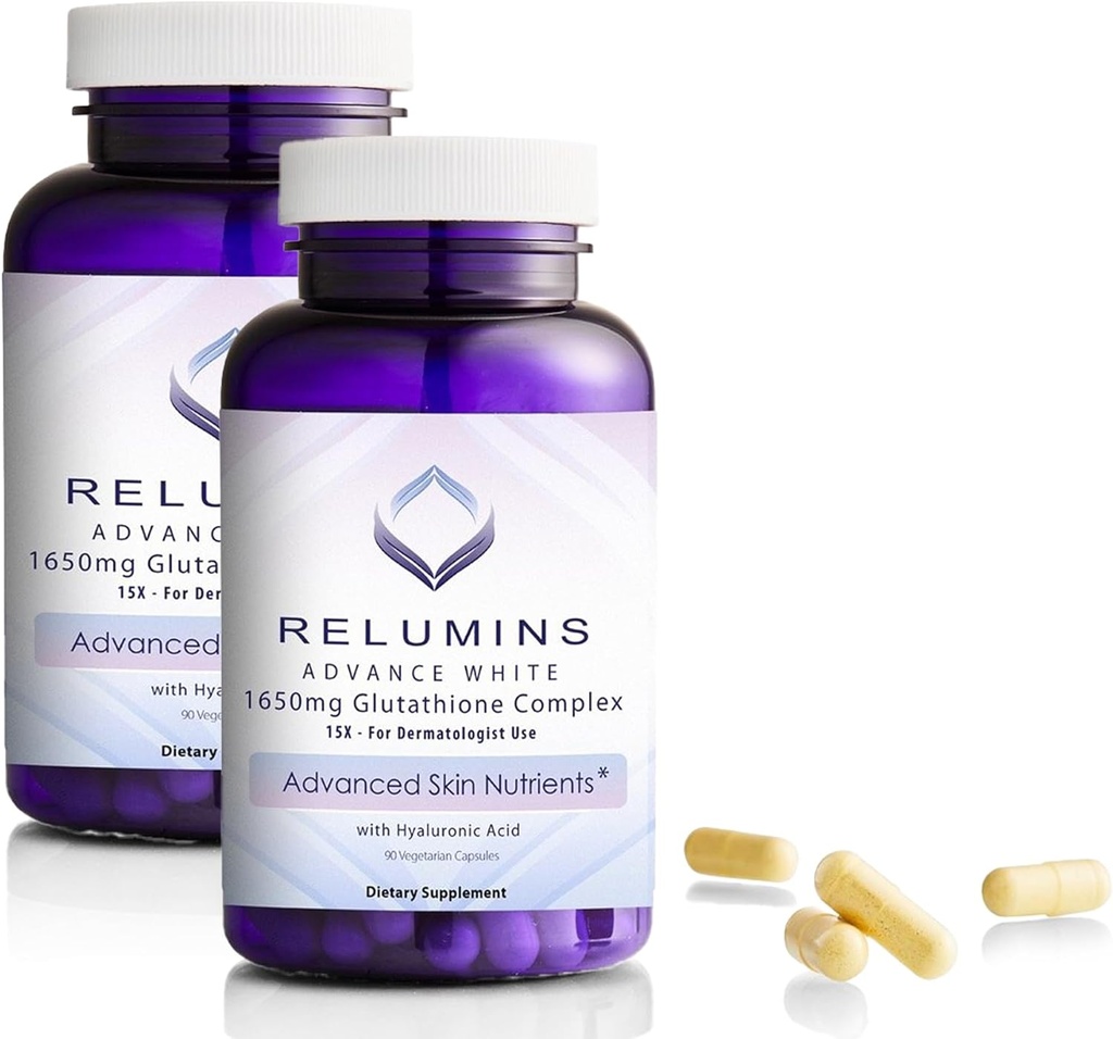 Reluminas 1650mg L-Glutathione Complejo con Ácido Hialurónico, Ácido Lipoico alfa, Rosa HIPS, Vitamina E & Riboflavin, Apoyo Antioxidante, Hidratación de la piel &amp; Wellness, Made in USA – 90 cápsulas x 2 botellas