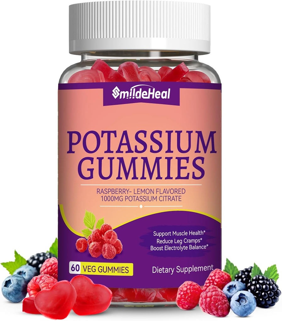 Gummies de Potasio,Suplemento de Potasio Chewable 1000mg para Adultos, Respaldo Leg Cramps &amp; Muscle Health for Women &amp; Men - Sugar-Free,Vegan,60 Conde
