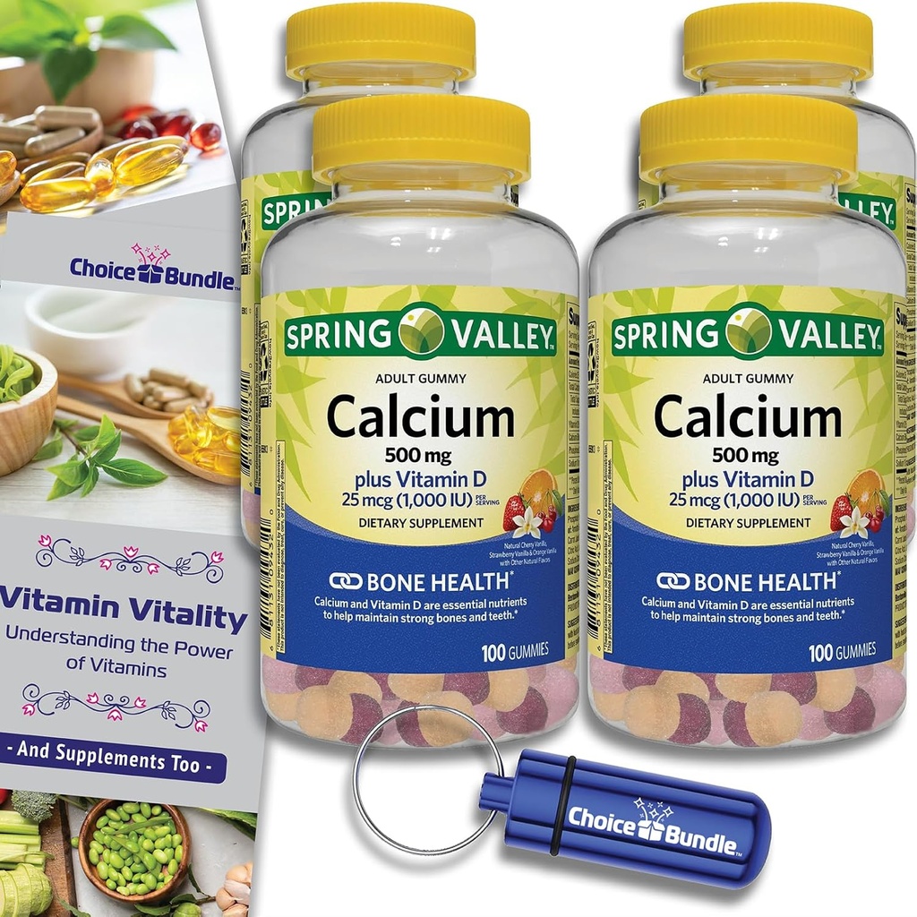 Elección Bundle Spring Valley Calcio 500 mg Más Vitamina D 25 mcg Bone Health Suplemento dietético Gummies, 100 Ct 4 pk (400 Total) + Guía de vitaminas y Contenedor de píldoras (6 artículos)!