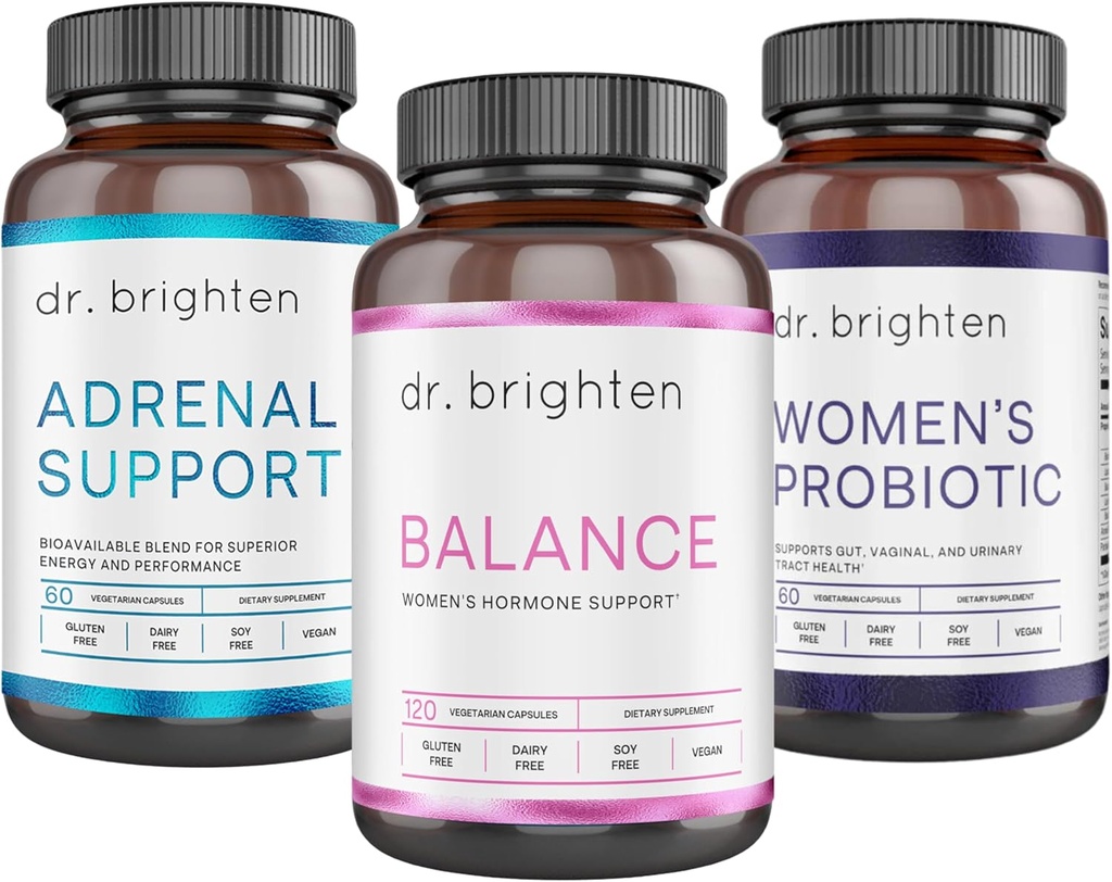 Kit de soporte para periodos Dr. Brighten - Equilibrio, Apoyo Adrenal y Probiótico de Mujeres - Objetivos Acné hormonal, Cuestiones de Período, " PMS - Vegan, No GMO