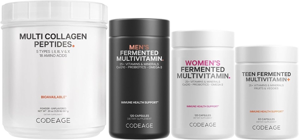 Codeage - Multi Collagen Protein + Adolescente, Mujer y Hombre Multivitamin Bundle