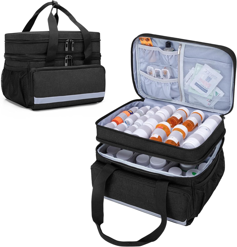 CURMIO Bolso de Organizador de Botellas Dobles Pill Empty, Caja de Almacenamiento de Organizadores de Medicina con cremalleras, Bolsa de Viaje de Medicación para Botellas de Prescripción, Suministros Médicos, Negro (Diseño de Patentes)