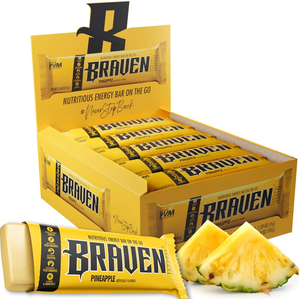 Bar Braven Pineapple Energy Bar (1.59 oz, Pack of 20) – Energy Chews with 5g Protein – On-the-Go Energy Snacks for Running, Hiking, and Sports - Gluten Free Snacks for Sustained Energy Boost