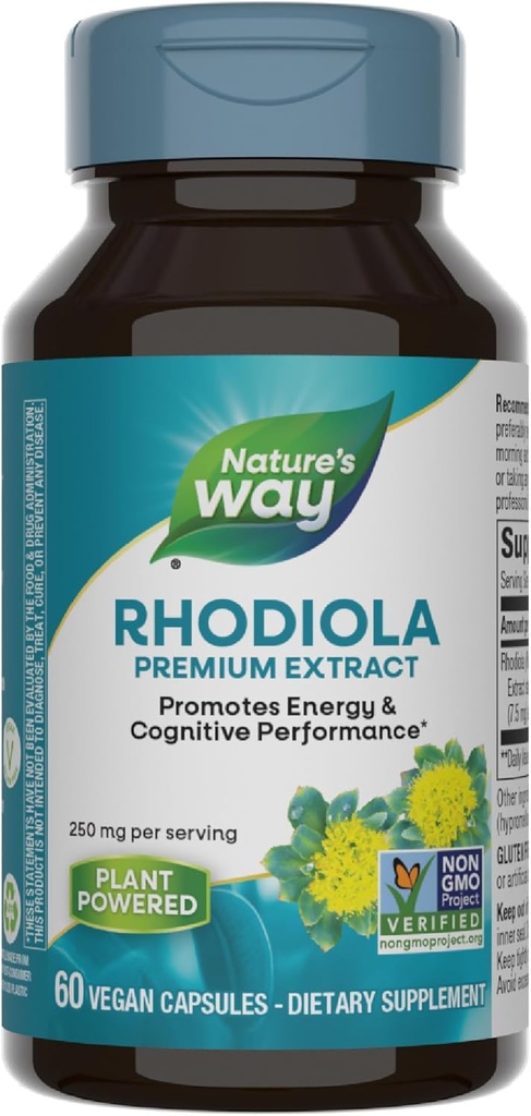 Extracto Premium de Camino de la Naturaleza Rhodiola, 250 mg por por porción, Apoya Energía " Rendimiento Cognitivo*, Herb Adaptogénico*, Proyecto No GMO Verificado, Vegan, Gluten Gratis, 60 cápsulas (Paquete Mayo Vary)
