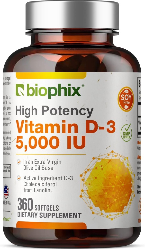 biofix Vitamina D-3 5000 UI 360 Softgels - Alta potencia en aceite de oliva virgen extra No-GMO Apoyos libres de soya Huesos fuertes Immune Health