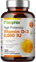 biofix Vitamina D-3 5000 UI 360 Softgels - Alta potencia en aceite de oliva virgen extra No-GMO Apoyos libres de soya Huesos fuertes Immune Health