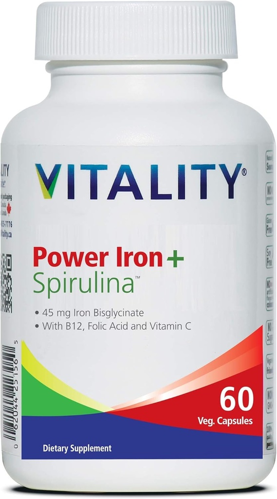 VITALITY Power Iron + Spirulina ← 45mg Iron Silencioso Constructor de Sangre Silencio Iron Deficiency Apoyo Silencio Vegan Silencio Todo Suplemento Natural Silencio Gentle on Stomach ← Capsules... (60 Cuenta (Pack of 1))