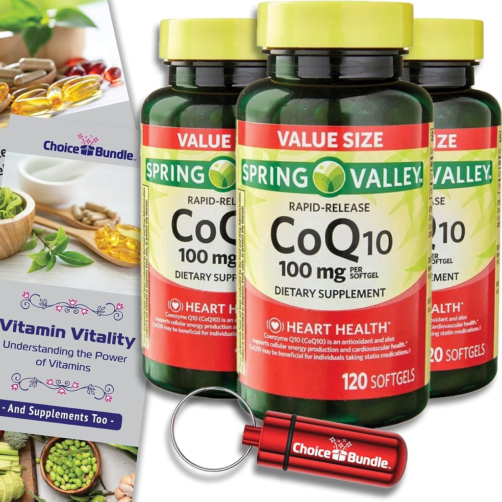 Choice Bundle Spring Valley CoQ10 Coenzyme Q10 100 mg Softgels 120 CT 3 pk (360 Total) + Guía de vitaminas Container (5 Artículos)!
