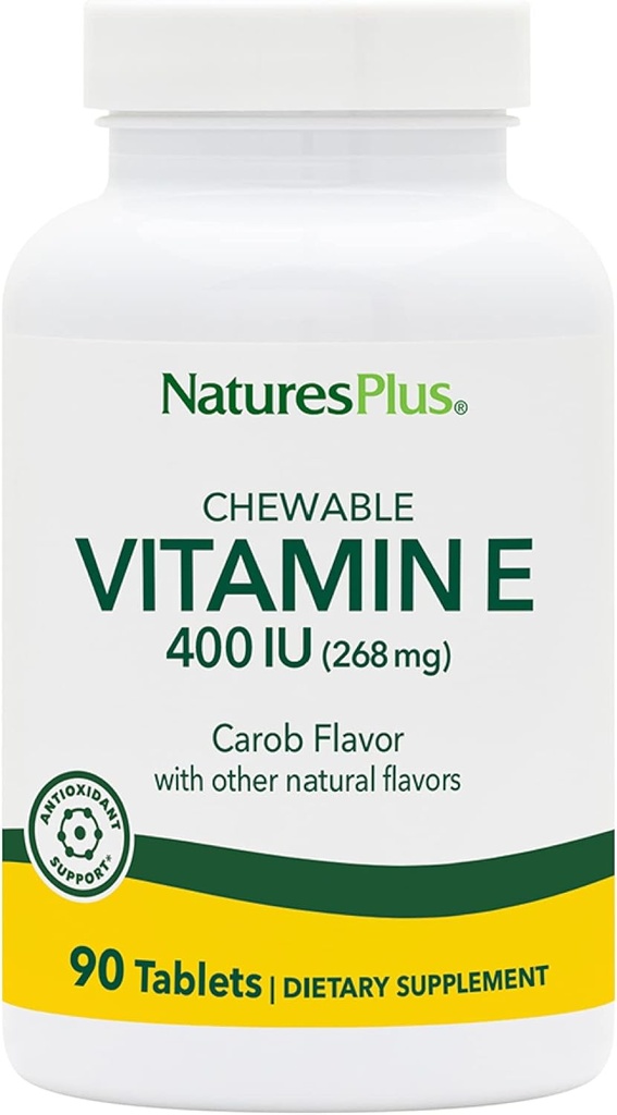 NaturalezasPlus Vitamina E Chewable - 400 iu, 90 Tabletas Vegetarianas - Natural Carob Flavor - Función Cardiovascular Saludable, Defensa Gratuita &amp; Bienestar general - Gluten-Free - 90 Servings