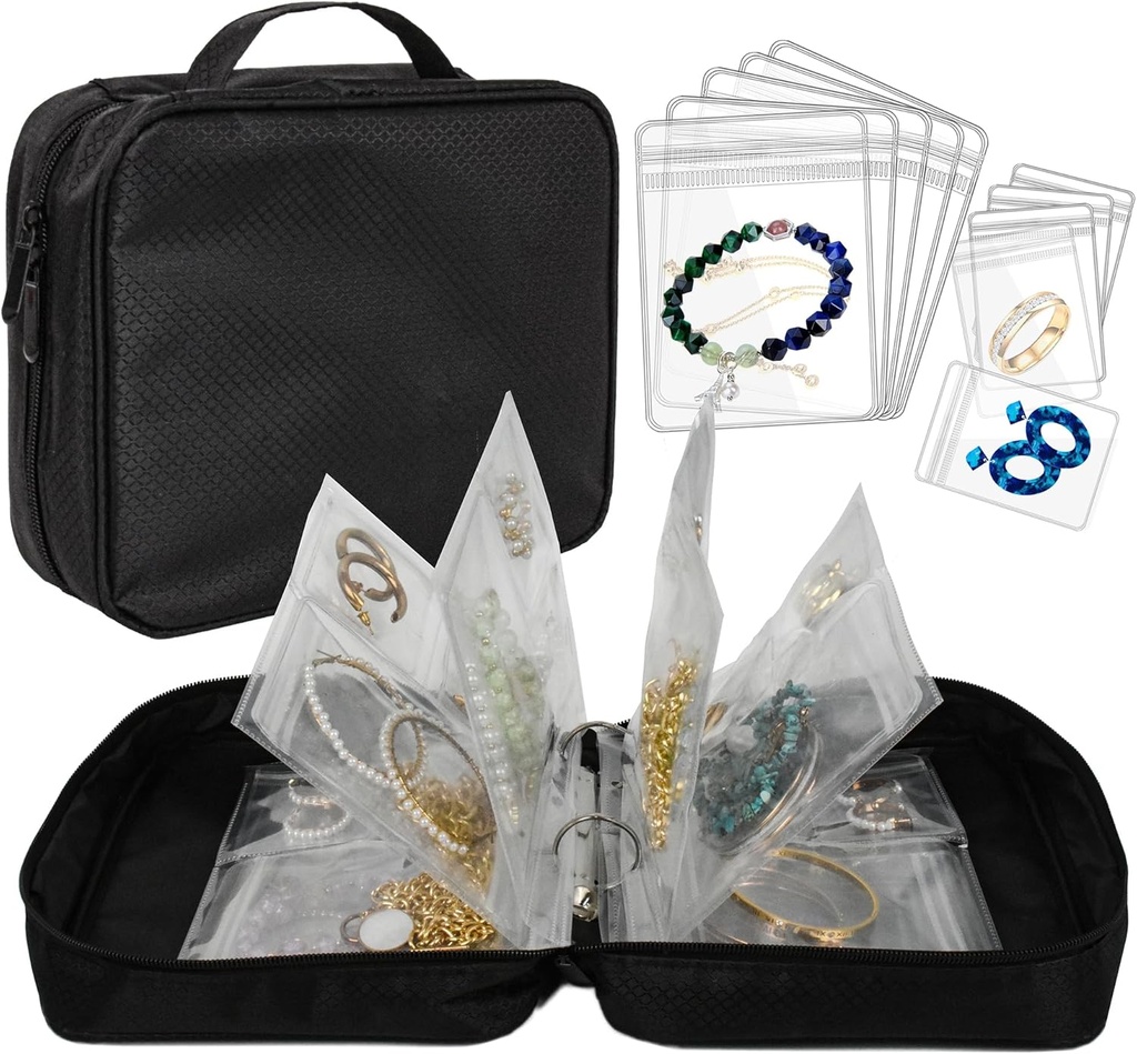 Caja de Joyas de Viajes Caja de Joyería Transparente Libro Binder Bolsa para Pendientes, Anillos, Collar, Pulsera (Todo Negro)