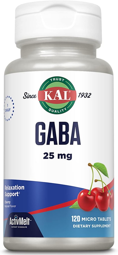 KAL GABA Suplemento, Apoyo a la Relajación y Apoyo a la Relajación, Natural Cherry Flavor ActivMelt Instant Dissolve, Vegetariano, Garantía de devolución de dinero de 60 días, 120 Servimientos, 120 Micro Tablets