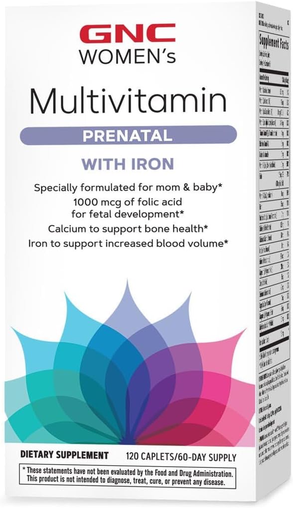 Fórmula multivitamínica prenatal de GNC con hierro, apoya el embarazo y el desarrollo saludable del bebé, ácido fólico esencial nutritos, zinc, calcium más vitaminas B, 120 cápsulas