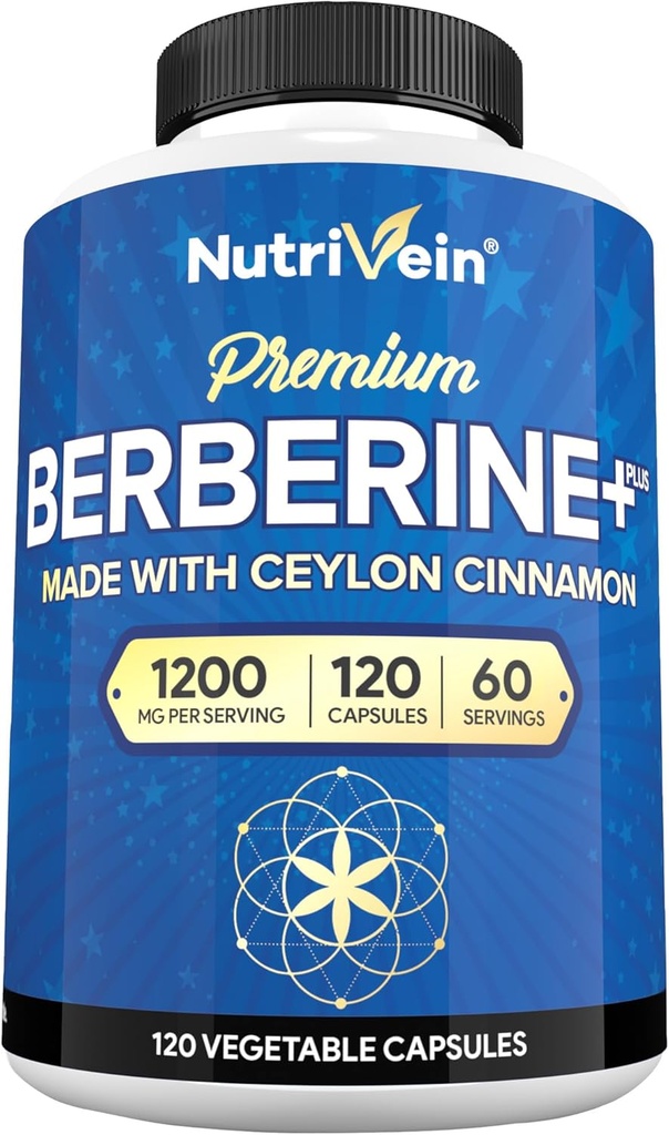 Nutrivein Premium Berberine HCL 1200 mg con Ceylon Cinnamon - 120 cápsulas: suplemento bereberina de alta absorción para defensas, digestión, " Metabolismo