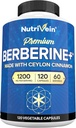 Nutrivein Premium Berberine HCL 1200 mg con Ceylon Cinnamon - 120 cápsulas: suplemento bereberina de alta absorción para defensas, digestión, " Metabolismo
