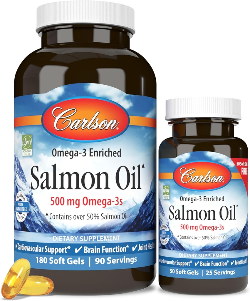 Carlson - Norwegian Salmon Oil, 500 mg Omega-3s, Norwegian Salmon Oil Supplement, Wild Caught Omega 3 Salmon Oil Capsules, Sustainably Sourced, Brain, Heart & Joint Health, 180+50 Softgels