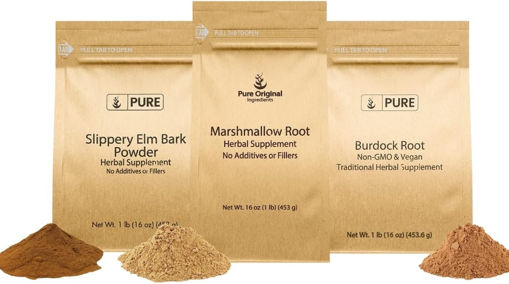 PURE Original INGREDIENTES Zapatilla de Elm Bark, Marshmallow Root Bundle, 1 lb Cada, Polvo, Suplementos Herbales