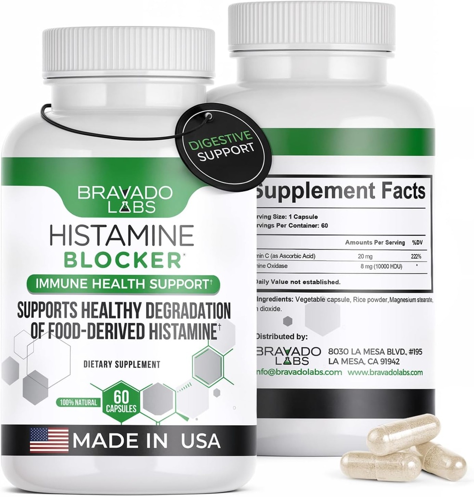 Suplementos del Bloqueador de Histamina – DAO Enzyme Fórmula &amp; Vitamina C – Apoyo diario para la intolerancia a la histamina &amp; Apoyo inmunitario – DAO Suplementos Histamine Blocker – 60 cápsulas – Hecho en EE.UU.