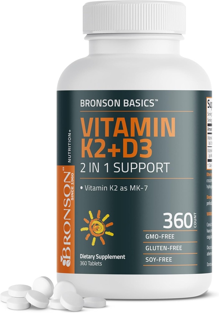 Bronson Vitamina K2 D3 (MK7) Suplemento No GMO Fórmula Vitamina D3 5000IU (125 mcg) & 90 mcg K2 MK-7, Complejo D & K Easy to Swallow, 360 Tablets