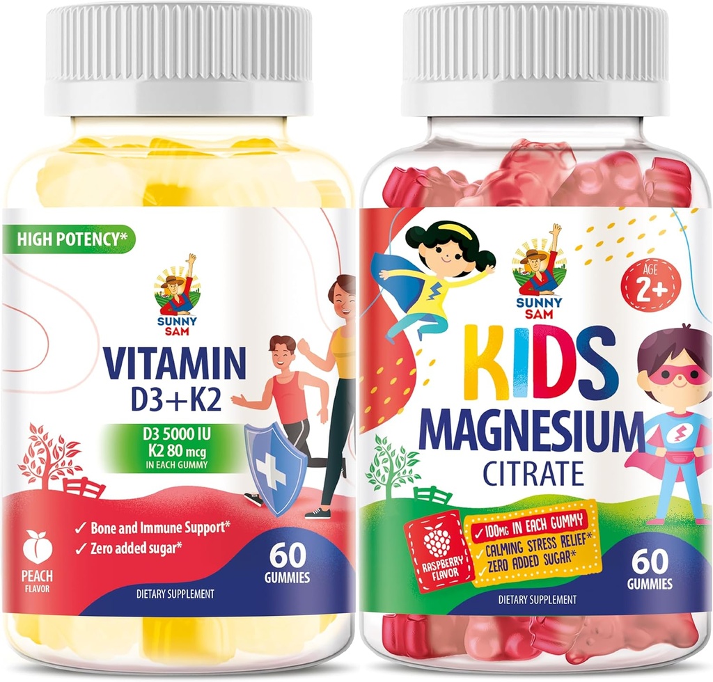 SUNNY SAM Vitamina D3 K2 Gummies 5000 UI &amp; Magnesium Gummies for Kids Citrate Chewable Suplemento para Mood &amp; Muscle Support