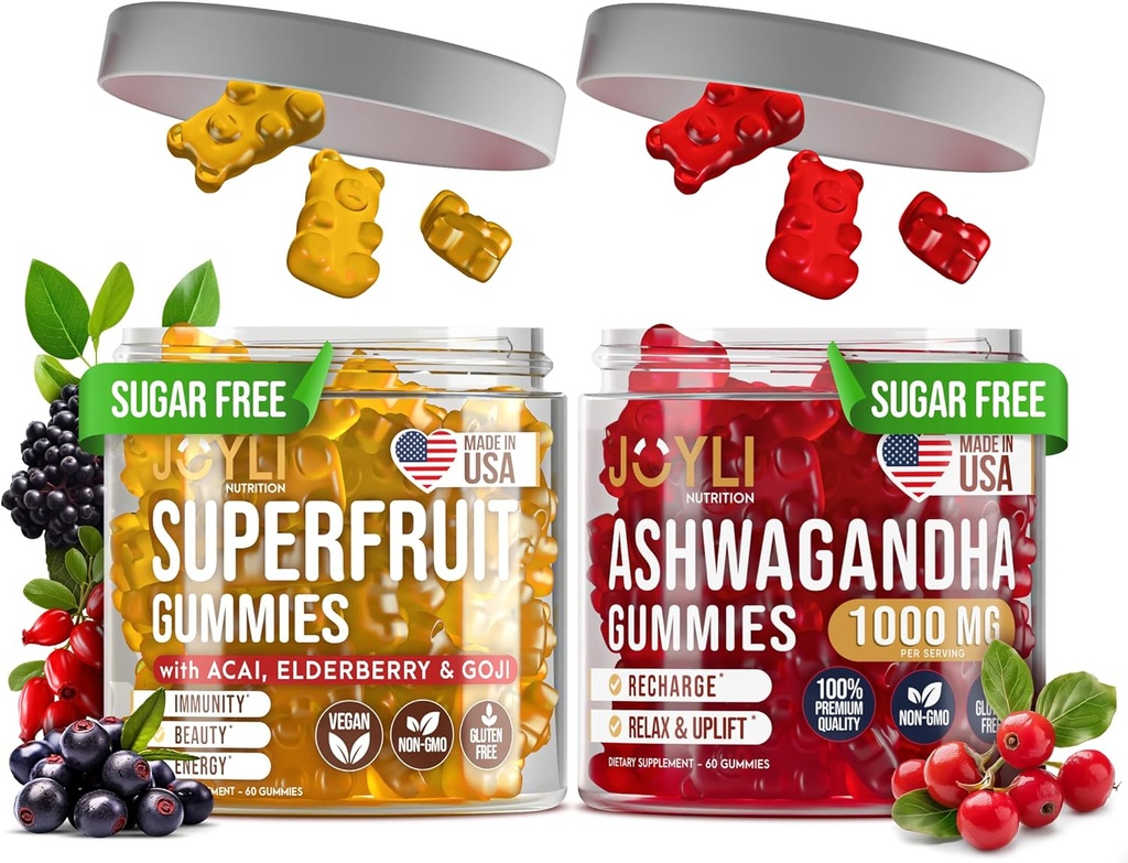Joyli Ashwagandha & Superfruit Gummies Bundle – Mind & Body Balance + Daily Wellness Support – Vegan Multivitamin Formula with Goji, Elderberry, Vitamin C, D & Zinc – 2 Pack para adultos