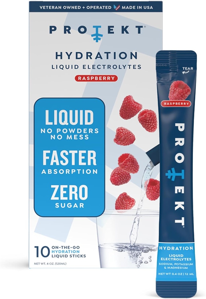 PROTEKT Electrolyte Packets para la recuperación " Hydration ¦ Organic " Sugar-Free Electrolytes Drinks TEN Works Faster Than Powder Drink ← On-The-Go Liquid Hydration Drink ¦ Raspberry, 10 Pack
