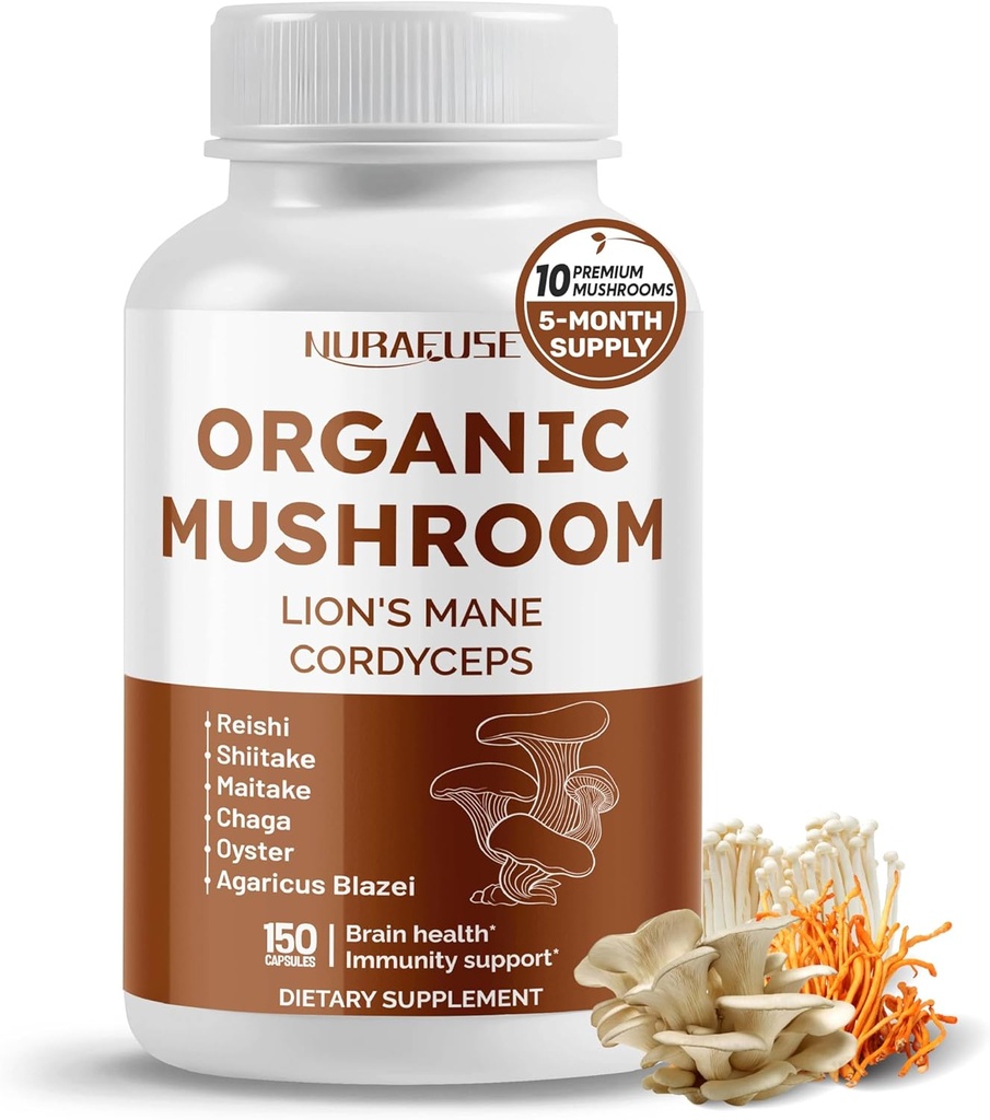 Organic Mushroom 10-in-1 Fórmula - con Lion's Mane, Cordyceps Reishi, Shiitake, Maitake, Chaga, Non-GMO, libre de gluten, libre de soja (150 Cuenta (Pack de 1))