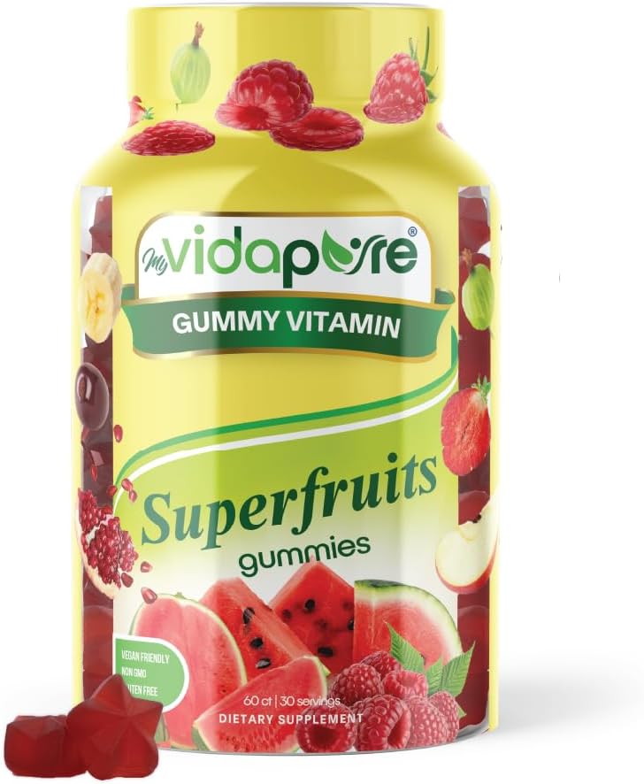 MYVIDAPURE Amazing Superfruits Star Gummies Vitaminas A,C,E, Zinc, Acai Berry, Acerola, Goji, Beet Root, Strawberry, Gooseberry. Raspberry Watermelon Flavor. Non-GMO, Gluten Free, Vegan 60 Gummies