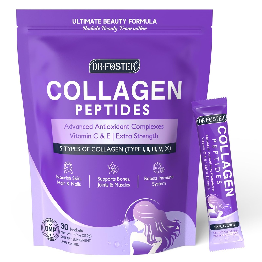 DRFOSTER Collagen-Peptides-Powder-Packets - Multi Tipo I II III V X Collagen para Mujeres con Blend Antioxidante + Vitamina C &amp; E para la piel, el pelo, la uñas " Conjunto, No GMO, 30 Stick Packs