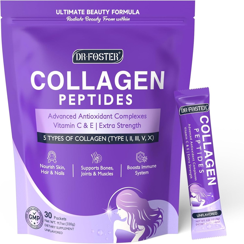DRFOSTER Collagen-Peptides-Powder-Packets - Multi Tipo I II III V X Collagen para Mujeres con Blend Antioxidante + Vitamina C &amp; E para la piel, el pelo, la uñas " Conjunto, No GMO, 30 Stick Packs