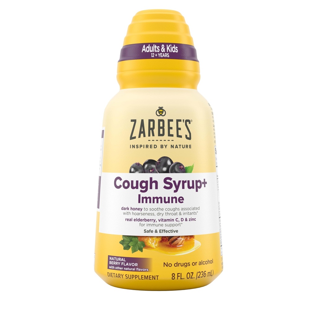 Zarbee's Naturals Complete Daytime Cough Syrup + Immune with Dark Honey, Real Elderberry, Vitamin C, D & Zinc, 8 oz Bottle