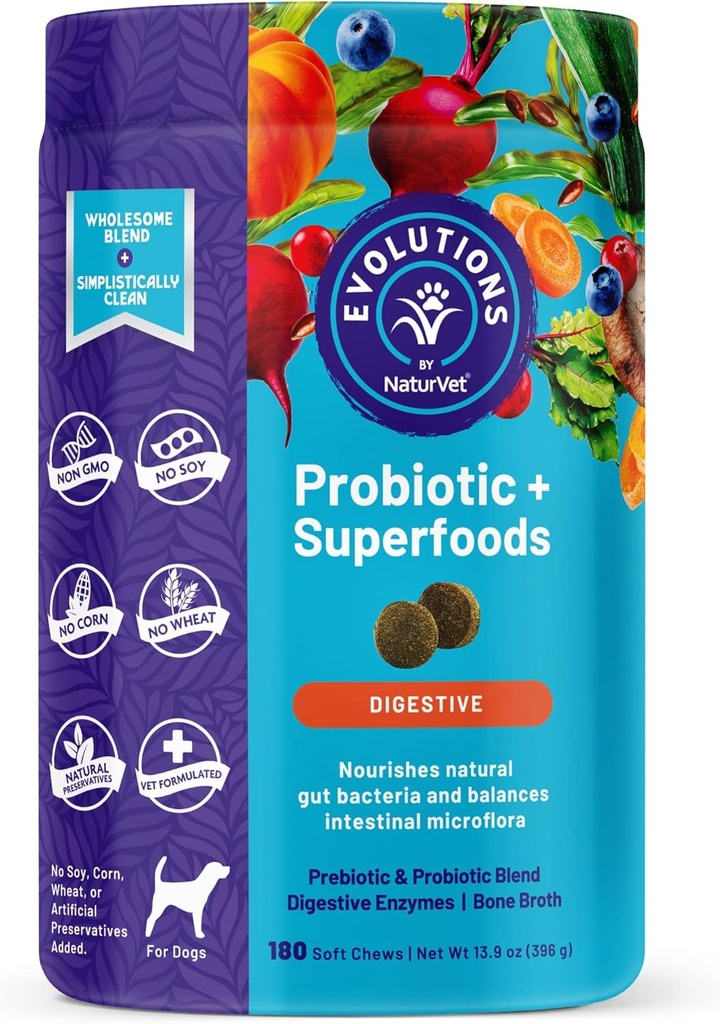NaturVet Evolutions Probiótico & Superfoods 90ct Soft Chews for Dogs - Prebiótico &amp; Probiotic Blend, Digestive Enzymes, Bone Broth, Omega's - Nourishes Natural Gut Bacteria y Microflora intestinal