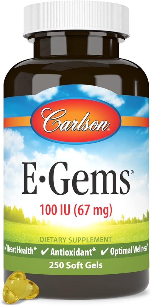 Carlson - E-Gems, 100 UI, salud cardíaca y bienestar óptimo, antioxidante, 250 geles blandos