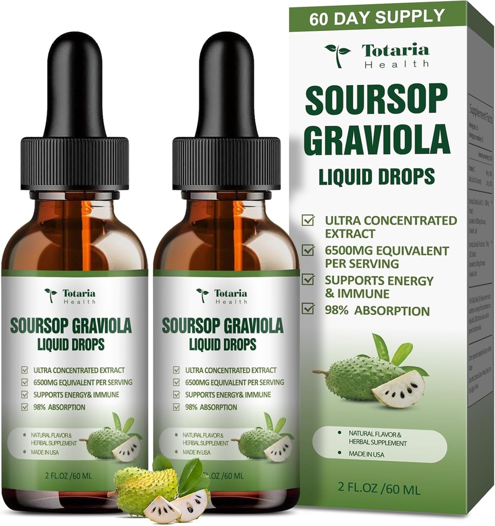 (2 Packs) Pure Soursop Graviola Liquid Drop Support Digestive Skin Health, Sleep & Antioxidant - Guanabana Oil Organic Leaf Exact Soursop Bitters Liquid Drops, Natural Flavor, Non-GMO, Vegan, 4 Fl Oz