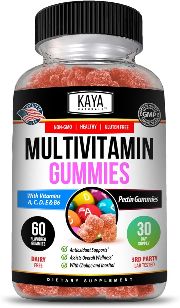 Kaya Naturals Adulto Multi Vitamina Gummy, Biotina, Vitamina A, C &amp; E, Incluyendo Zinc &amp; Vitamin B-12, Ácido Fólico, Sabor de Fresa TEN Gluten-Free multivitamínico Gummies de Adulto Dulce - 60 Gummies
