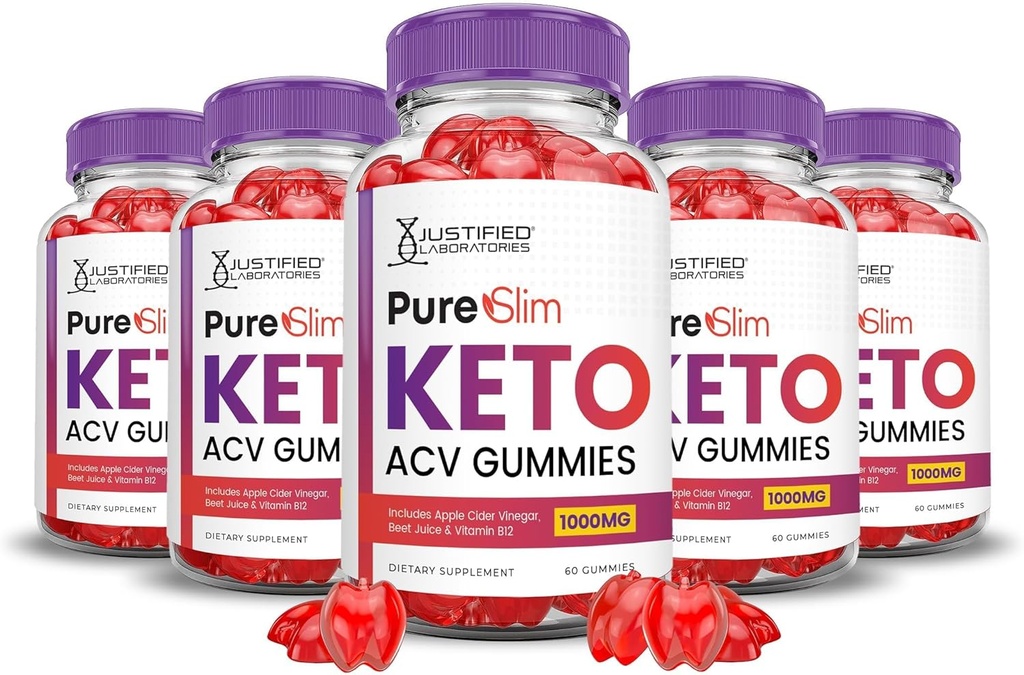 Justified Laboratories (5 Pack Pure Slim Keto ACV Gummies Advanced Formula 1000MG PureSlim Keto Gummies Apple Cider Vinegar Formulated with Pomegranate Beet Juice Powder B12 Vegan Non GMO 300 Gummys